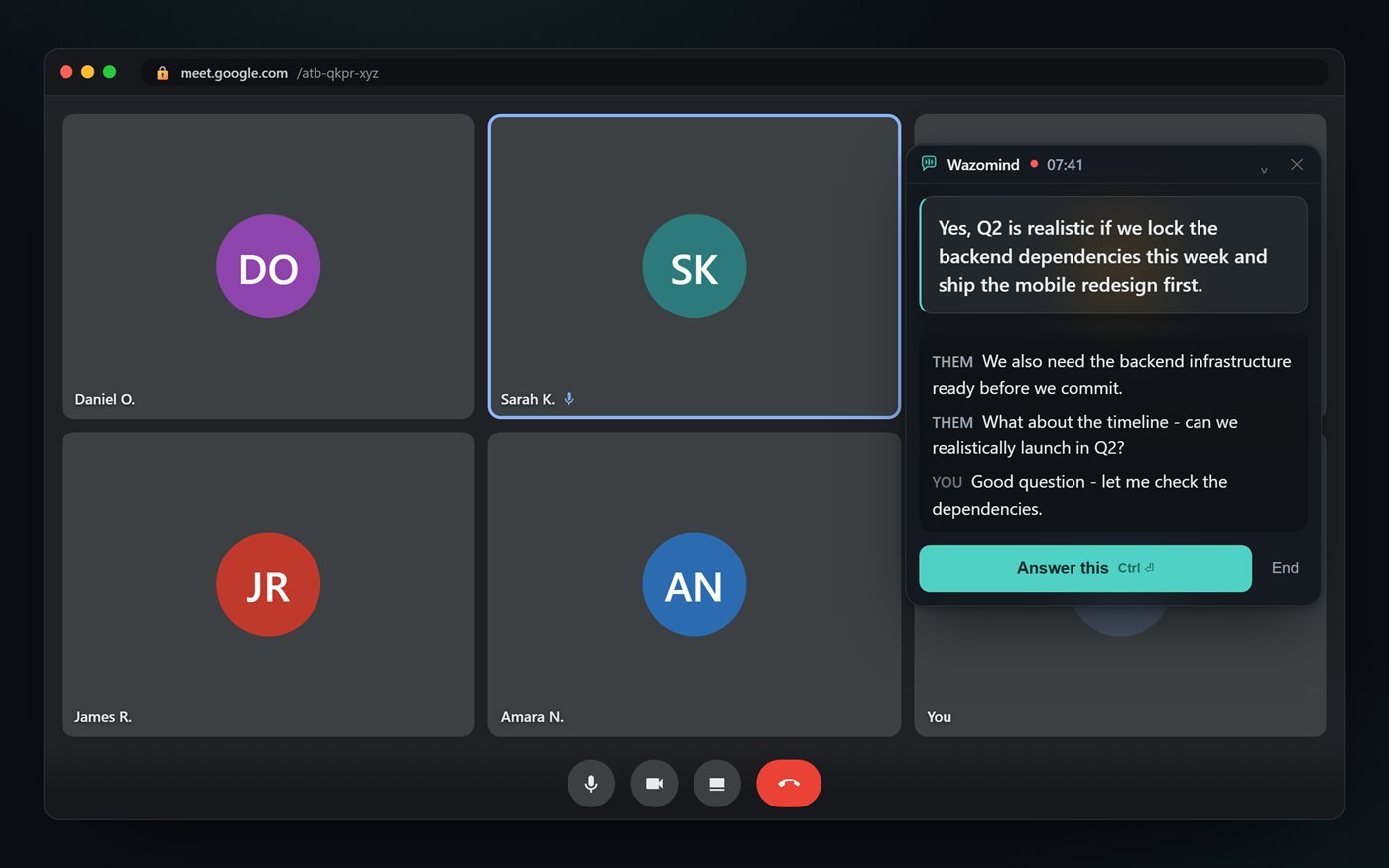 Wazomind live transcript and AI suggestions during a Google Meet call