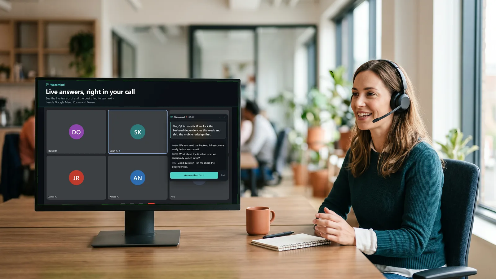A salesperson on a call with the Wazomind panel showing the live answer beside the video call