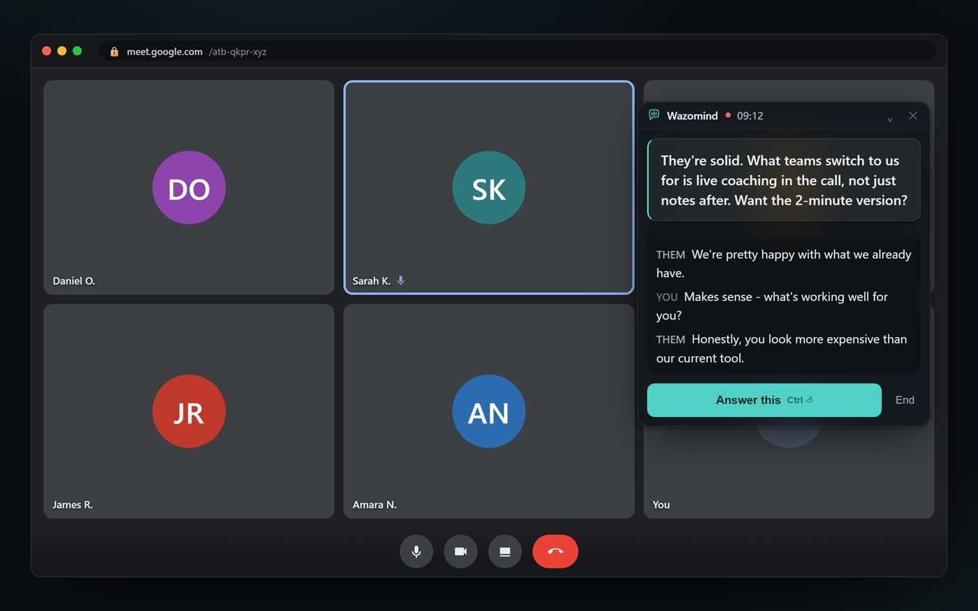 Wazomind suggested response overlay next to a video meeting
